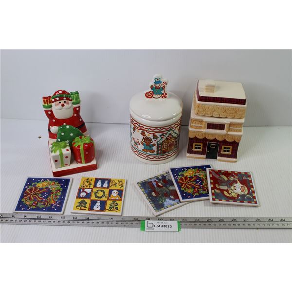 Christmas Decor Items - Tile Coasters - (2) Ceramic Cookie Jars - Ceramic Salt & Pepper Shakers & Na