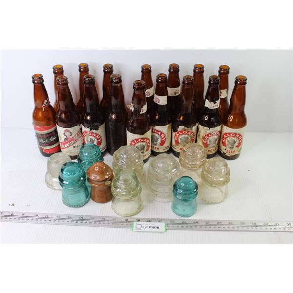 (16) Beer Bottles - Calgary - Bohemian - Black Label - (10) Glass Insulators (most are chipped)