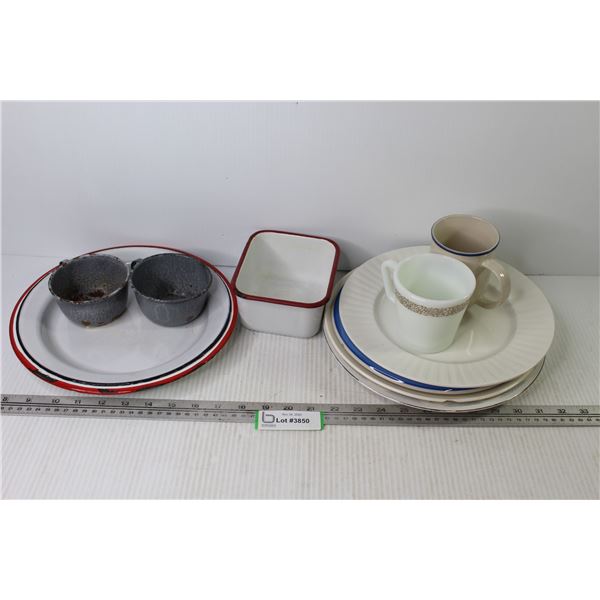 (2) Metal Plates - Plates - (2) Tin Cups - (2) Mugs (one is Pyrex)
