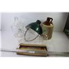 Image 1 : Glass Frost Shields - Stoneware Crock Jug - (3) Glass Bottles - Brooder Lamp Shade