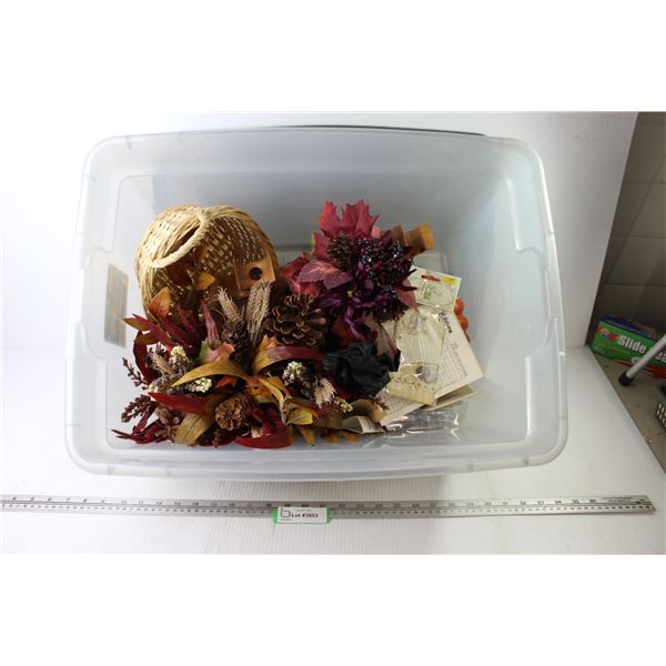 Tote of Festive Decorations - Wooden Candle Holder - Misc. Items