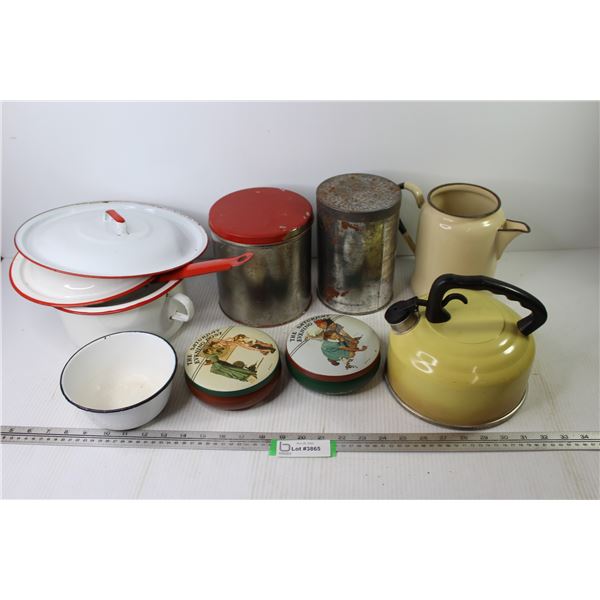 Saturday Evening Post Tins - Porcelain Pots - Magic Baking Powder Tin - Porcelain Bowl - Porcelain L