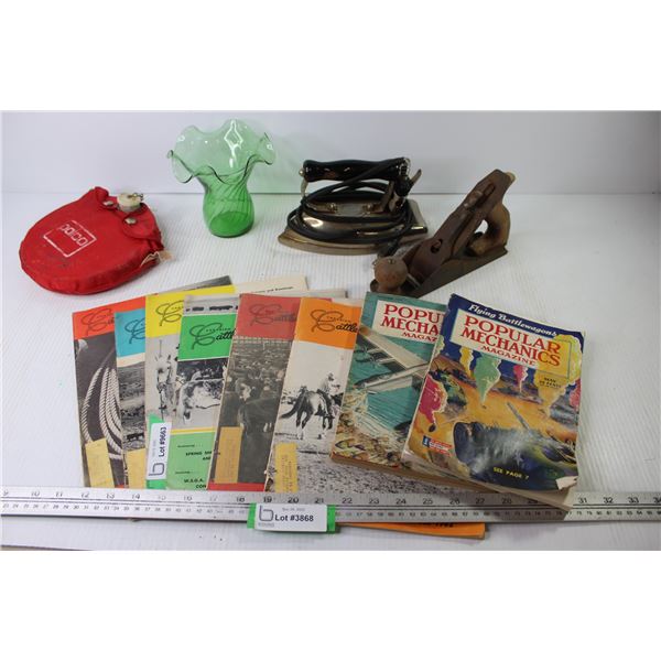 Vintage Pride Way Iron - Vintage Wood Plane - Palco Thermos - Green Glass Vase - Cattlemen & Popular