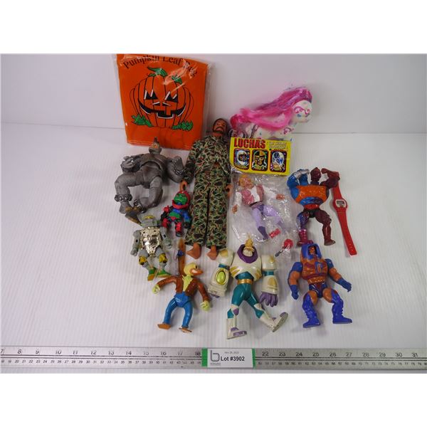 (10) Assorted Action Figures, Watch, Leaf Bag