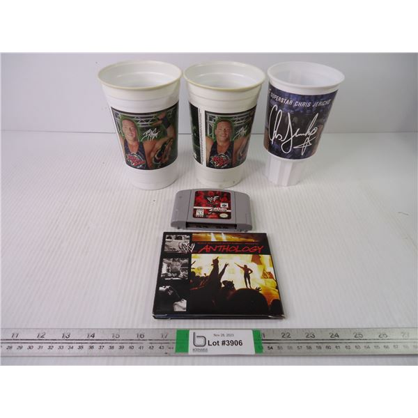 (5) WWF / WWE Items- Anthology, Nintendo Game, (3) Collector Cups