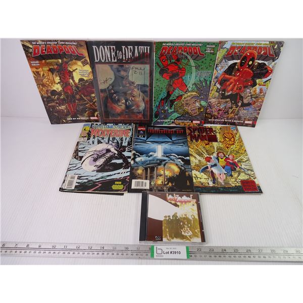 Led Zeppelin CD,(3) Deadpool Magazines, Done to Death Book,(3) Comics