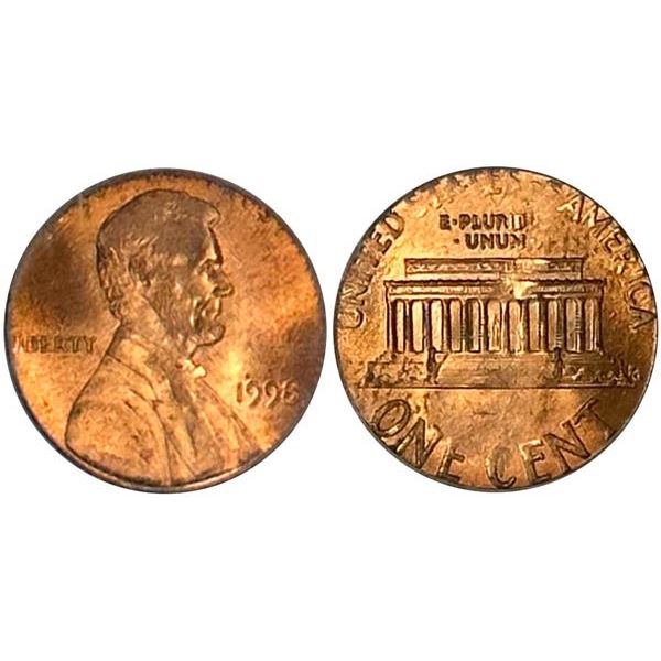 1998 Lincoln Cent. Mint error - struck on wrong planchet. PCGS graded MS63 RD
