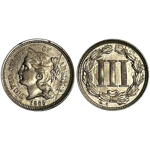 1865 Nickel Three Cents. Almost Unc or better