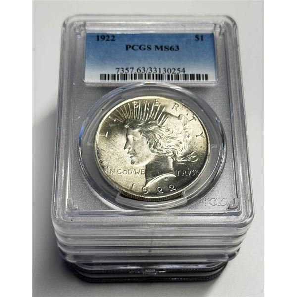 1922-23 Peace Dollars. A group of 6, all graded and slabbed