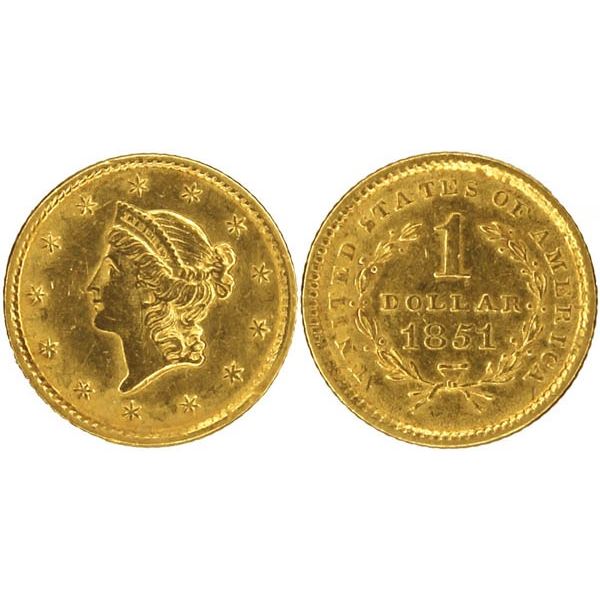 1851 Gold $1 Liberty. About Unc