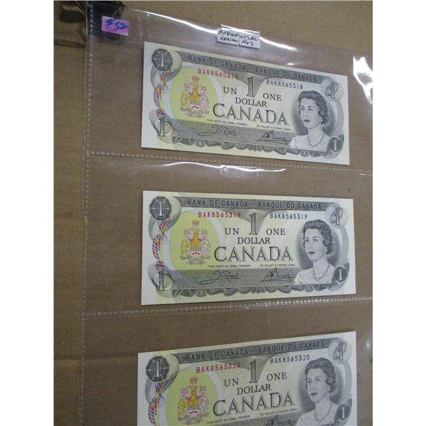 1973 CRISP UNCIRCULATED SEQUENTIAL SERIAL NUMBERS LAST OF CANADA $1 BILLS