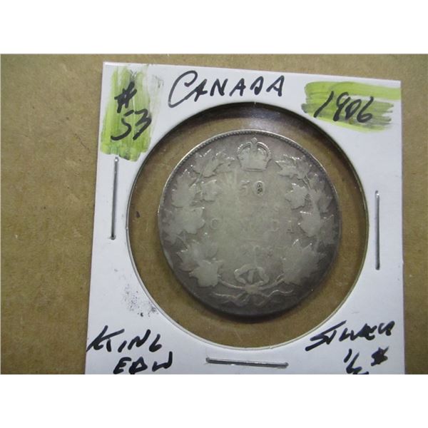 1906 CANADA KING EDWARD VII SILVER HALF DOLLAR