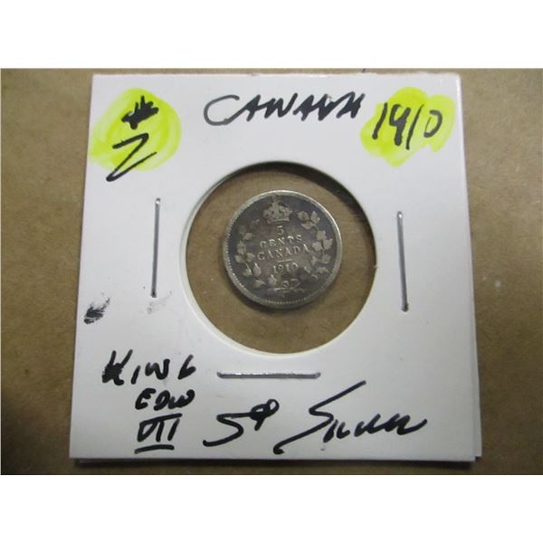 1910 CANADA KING GEORGE V SILVER FIVE CENT COIN