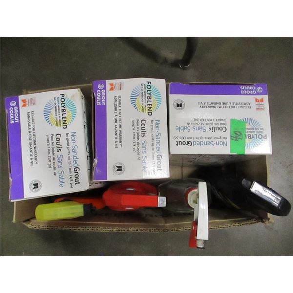 3 BOXES OF GROUT & 4 BOTTLES OF ASSORTED CLEANERS