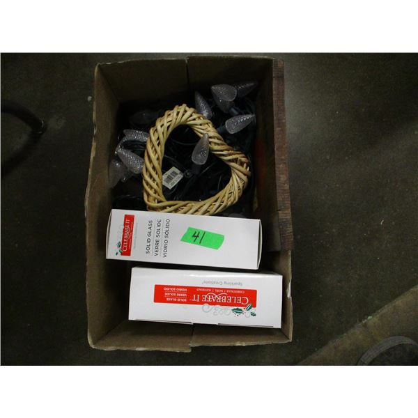 2 BOXES GLASS CHRISTMAS BULBS & CHRISTMAS LIGHTS