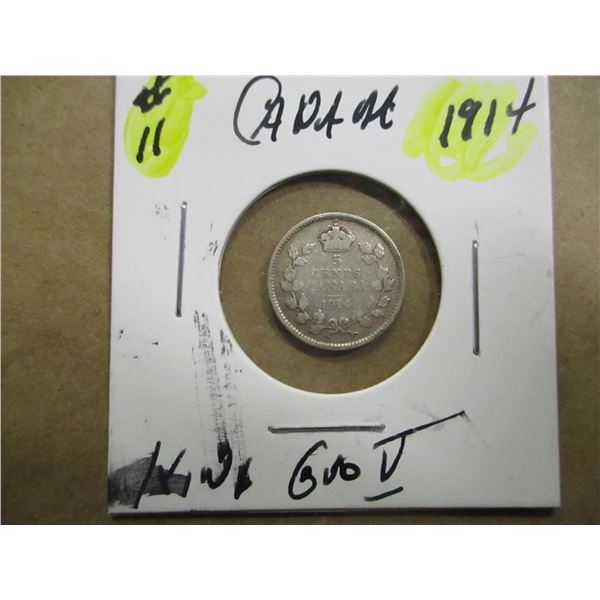 1914 CANADA KING GEORGE V SILVER FIVE CENT COIN
