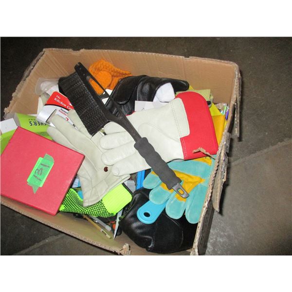 FREIGHT DAMAGE (AS IS);  BOX C/W MISC GLOVES, ETC