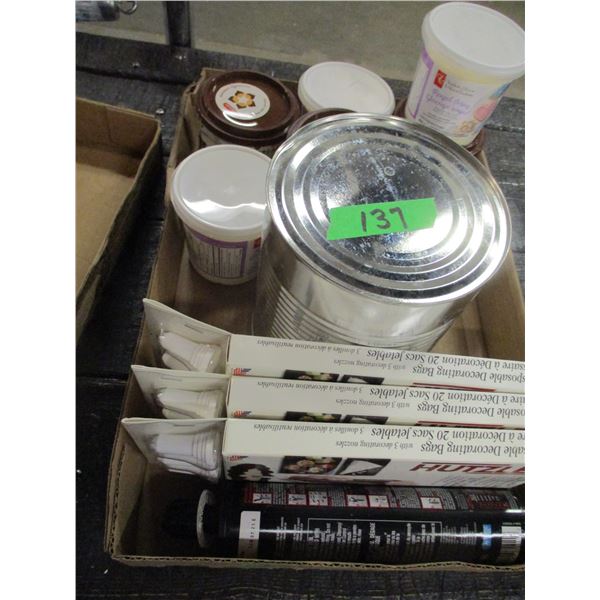 SHELF PULLS (AS IS):  BOX C/W GROCERIES, CAKE DECORATIONS, BAGS, ETC