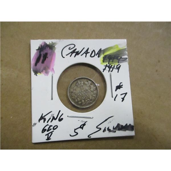 1919 CANADA KING GEORGE V SILVER 5 CENT COIN