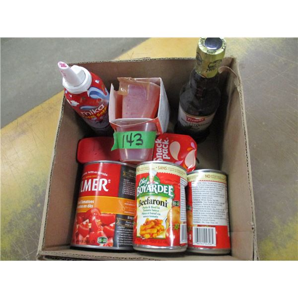 SHELF PULLS (AS IS):  BOX C/W PASTA, CANNED GOODS, SNACKS, ETC