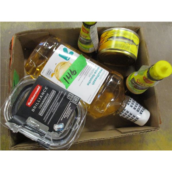SHELF PULLS (AS IS);  BOX C/W CANNED SAUCES, MOUTH WASH, ETC
