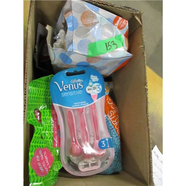 FREIGHT DAMAGE (AS IS):  BOX C/W TOOTHBRUSHES, KLEENEX, EGG TOYS, ETC