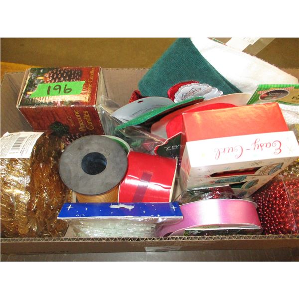 BOX C/W CHRISTMAS ORNAMENTS & RIBBON