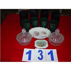 BOX LOT OF GLASSWARE AND CANDY DISHES