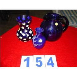 (3) BLUE GLASS PITCHERS & VASES