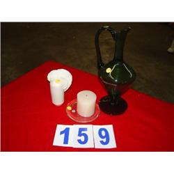 (2) VASES AND CANDLE ON PLATE