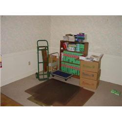 REMAINING CONTENTS OF CORNER OPEN ROOM, FLOOR MATS,PUSH CART AND BOOK SHELF, ETC.