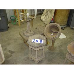 LOT OF MISC. WICKER TABLES, FLOWER POTS AND LAMP