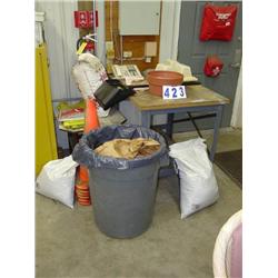 METAL FRAMED TABLE WITH WOODEN TABLE, TRASH CAN,WHITE TABLE, ETC.