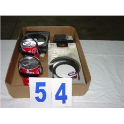 BOX OF CD CLEANERS AND COCO-COLA FIGURINES