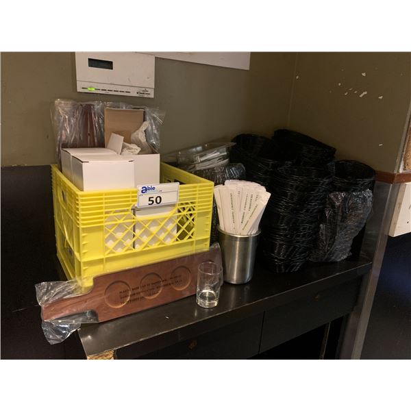 ASSORTED TASTER SERVING BOARDS & BLACK RESTAURANT BASKETS