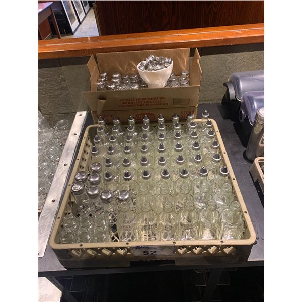 ASSORTED COMMERCIAL GLASS VINEGAR JARS & PEPPER SHAKERS