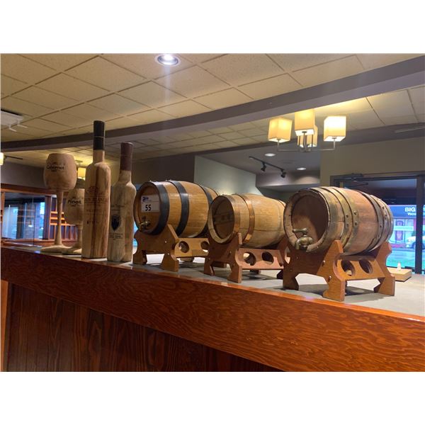 3 WOODEN KEGS &  4 DECORATIVE BAR ITEMS