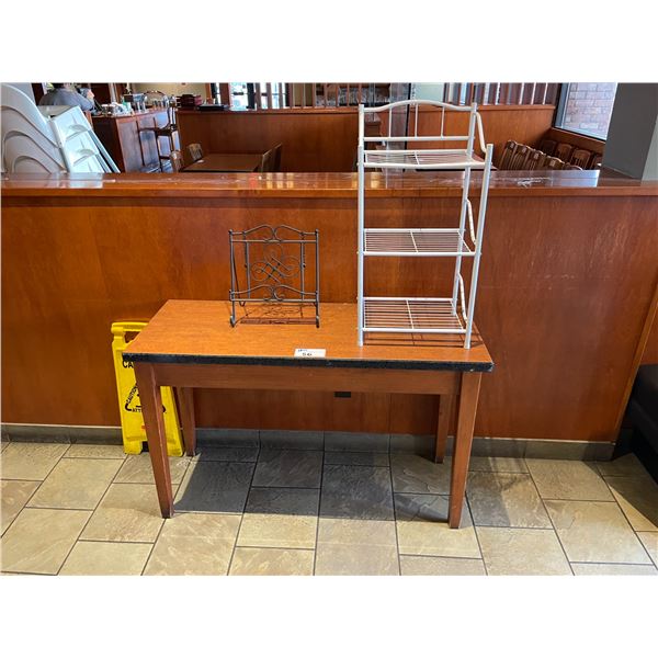 DARK WOODEN APPROX. 4'W X 18'D X 30"H HALL TABLE, & 2 METAL DISPLAY SHELVES