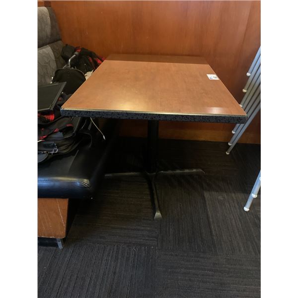 DARK WOODEN APPROX. 42"W X 28"D X 29"H METAL BASE RESTAURANT TABLE