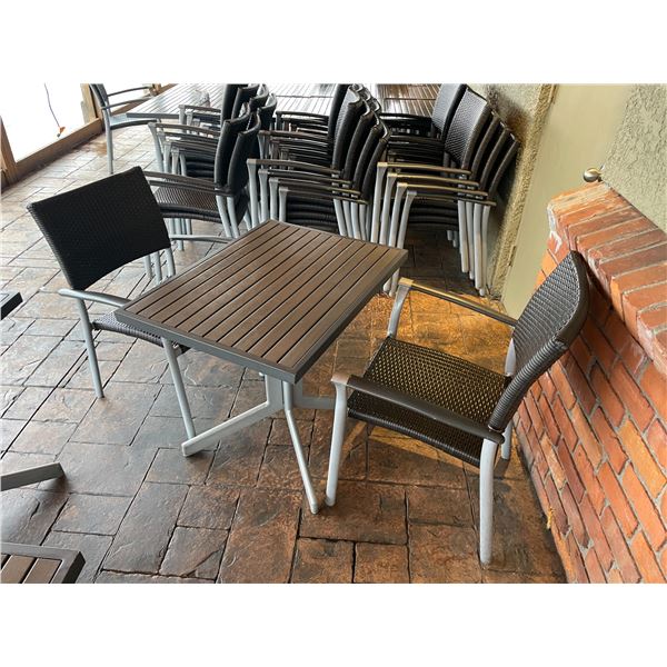 RATANA 32"W X 24"D X 28"H COMMERCIAL OUTDOOR PATIO TABLE WITH 2 BLACK PLASTIC RATAN OUTDOOR ARM