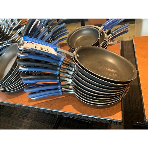 STACK OF 7 ASSORTED COMMERCIAL TEFLON FRYING PANS