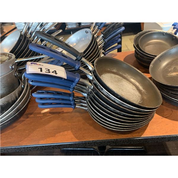 STACK OF 7 ASSORTED COMMERCIAL TEFLON FRYING PANS