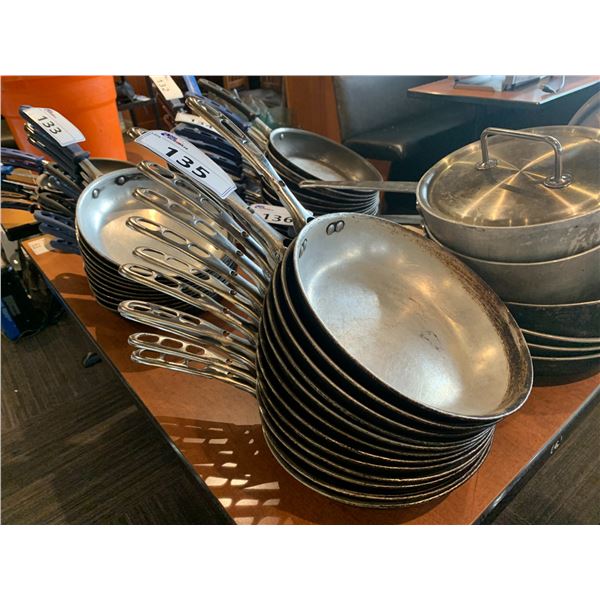STACK OF 7 ASSORTED COMMERCIAL FRYING PANS