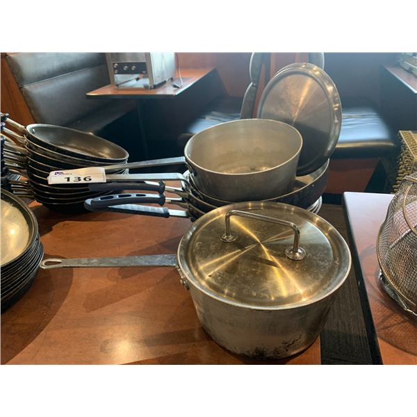 STACK OF 7 ASSORTED COMMERCIAL TEFLON FRYING PANS & 2 POTS W/ LIDS