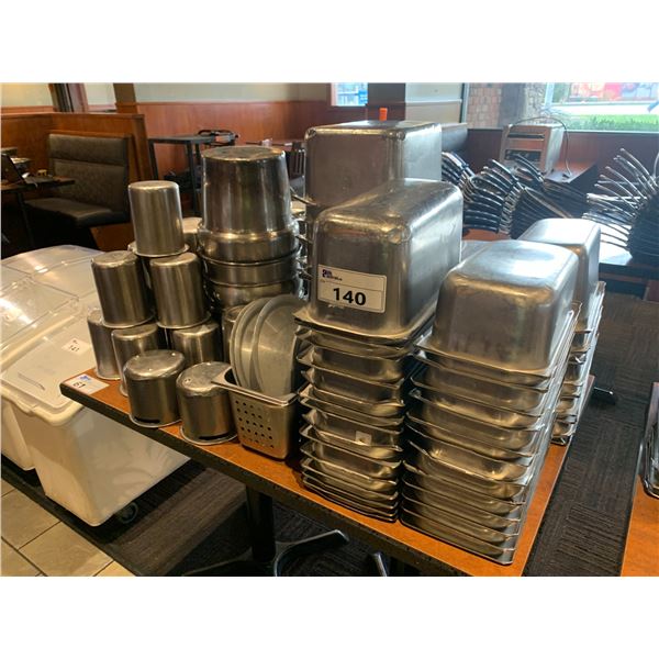 ASSORTED STACKS OF COMMERCIAL STAINLESS STEEL INSERTS & LIDS