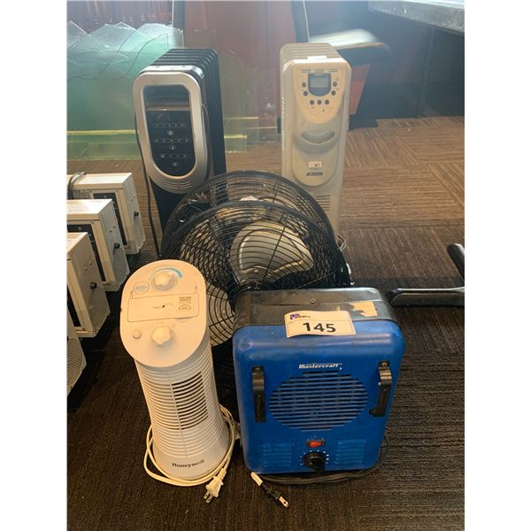 2 OIL RADIATOR SPACE HEATERS, MASTERCRAFT SPACE HEATER, A FEBREZE FAN, & 2 COOL WORKS FLOOR FANS
