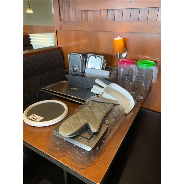 COMMERCIAL STAINLESS STEEL INSERT LIDS, DRIP TRAYS, A LAZY SUSAN, 5 DRINK PITCHERS & 3 ICE SCOOPS