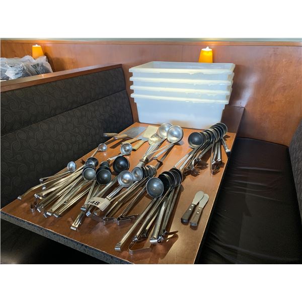 STACK OF 4 LARGE COMMERCIAL PLASTIC DISH BINS, ASSORTED LADLES, & SPATULAS