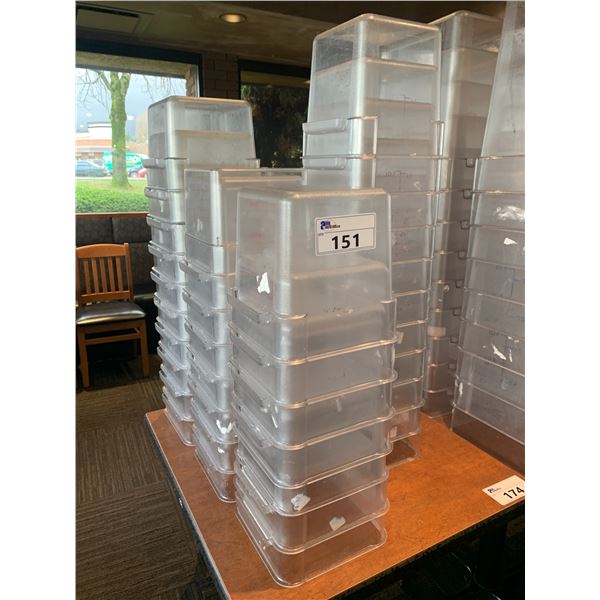 5 STACKS OF ASSORTED TRANSPARENT COMMERCIAL PLASTIC CONTAINERS