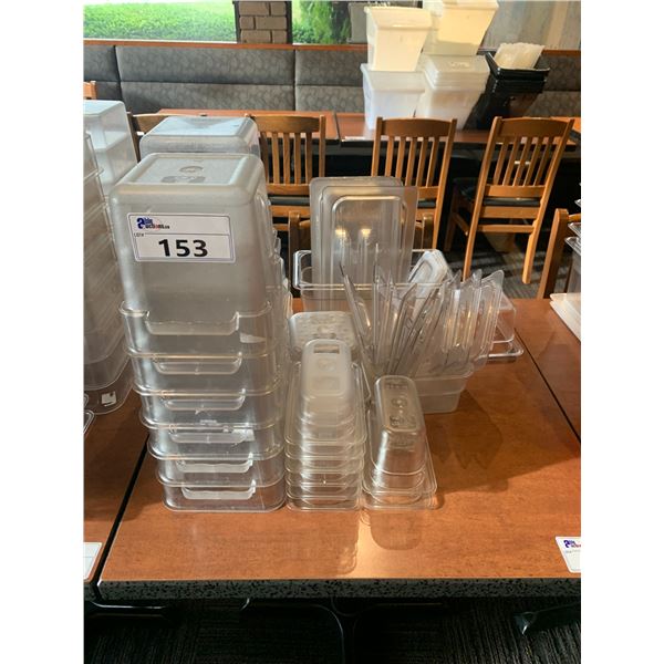 ASSORTED TRANSPARENT COMMERCIAL PLASTIC CONTAINERS & LIDS